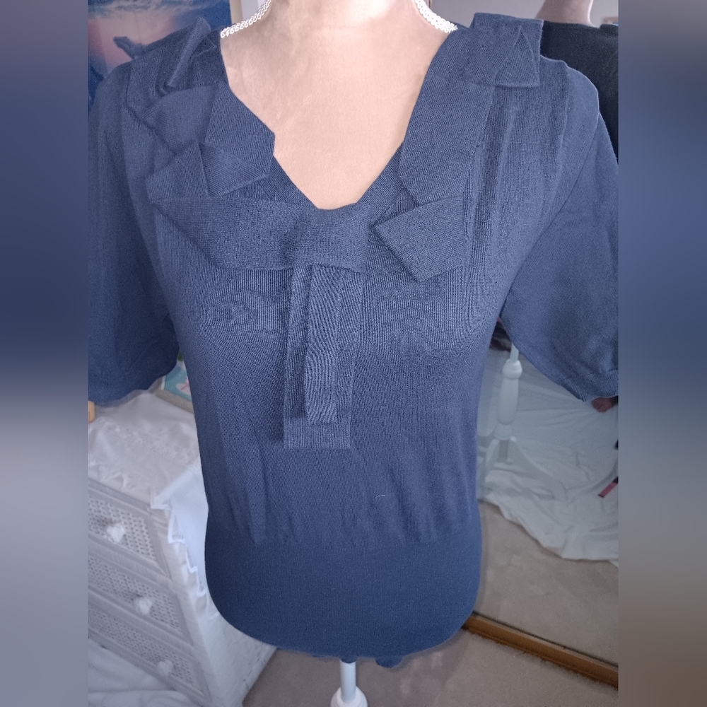 Faith & Zoe-Blue Bow Short Sleeve Lightweight Sweater